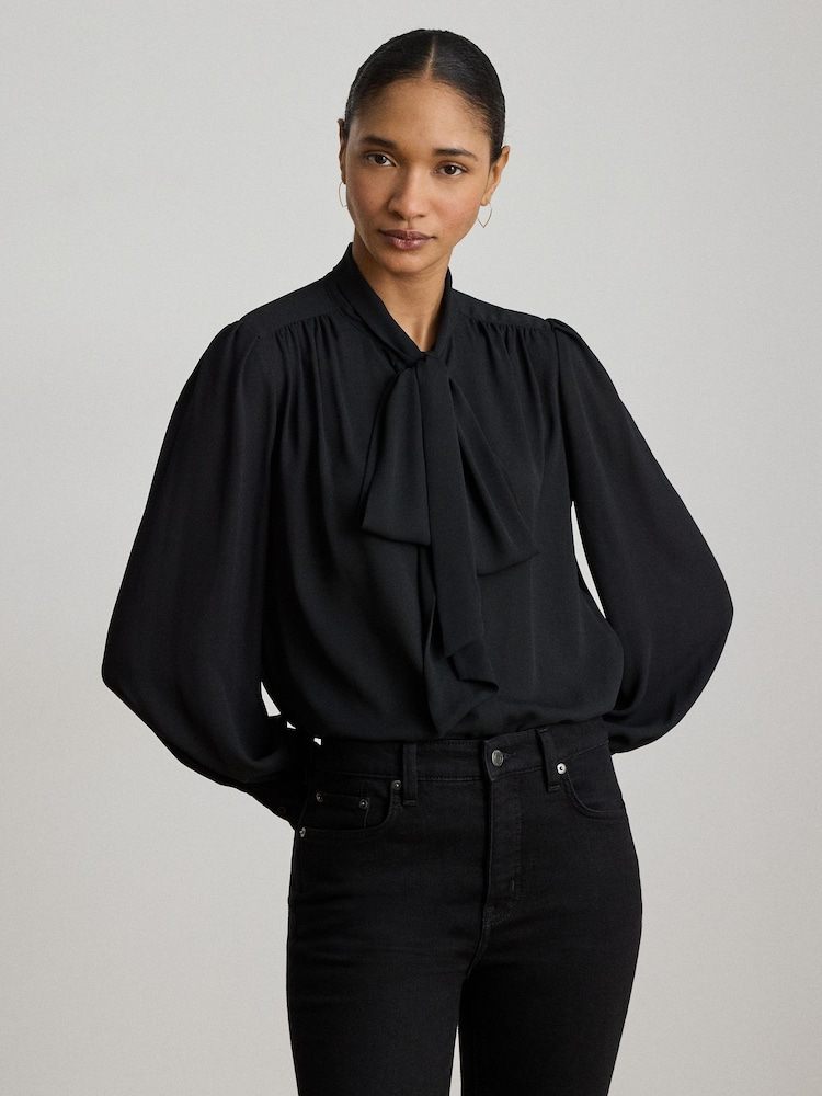 Lauren Ralph Lauren Black Klaryce Georgette Pussy Bow Blouse - Image 1 of 9 Lauren Ralph Lauren Black Klaryce Georgette Pussy Bow Blouse - Image 1 of 9