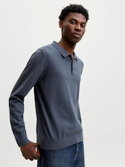 JACK & JONES Slate Blue Long Sleeve Knitted Polo Shirt - Image 1 of 3