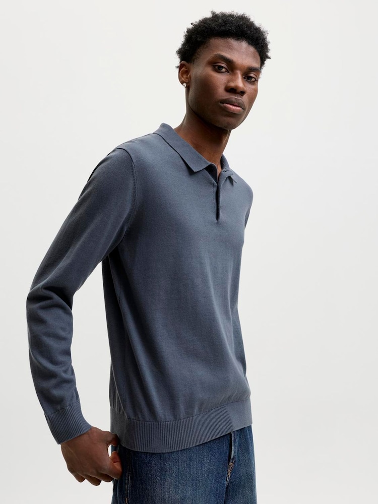 JACK & JONES Slate Blue Long Sleeve Knitted Polo Shirt - Image 1 of 3 JACK & JONES Slate Blue Long Sleeve Knitted Polo Shirt - Image 1 of 3