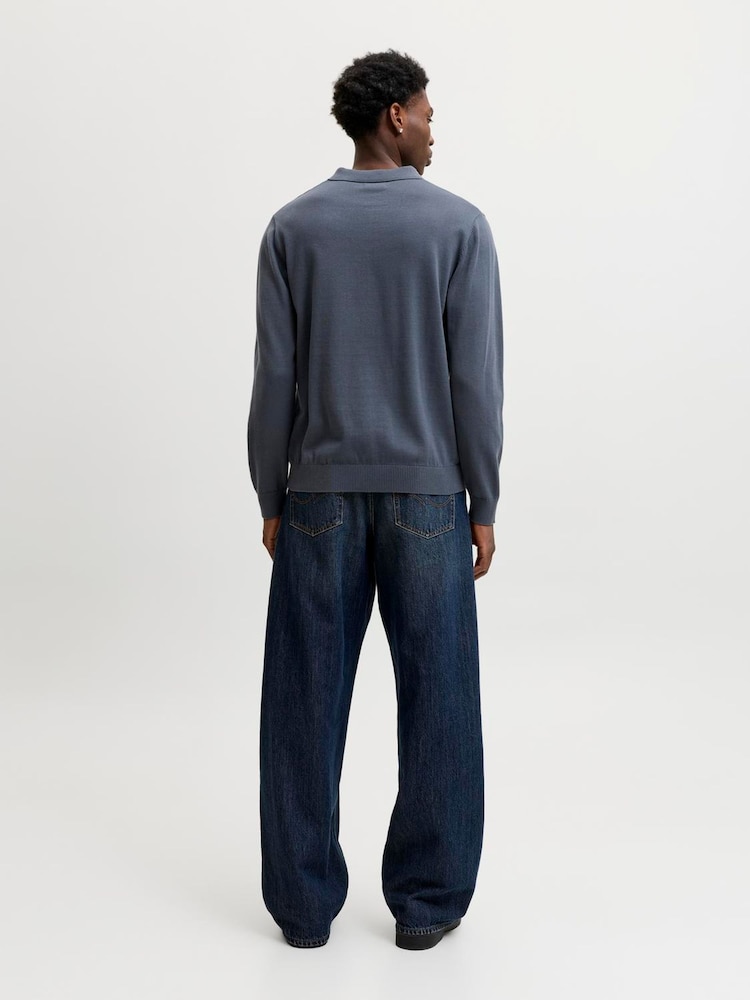 JACK & JONES Slate Blue Long Sleeve Knitted Polo Shirt - Image 2 of 3 JACK & JONES Slate Blue Long Sleeve Knitted Polo Shirt - Image 2 of 3