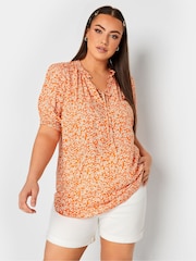 Yours Curve Orange Floral Print Tie Neck Blouse - Image 1 of 4