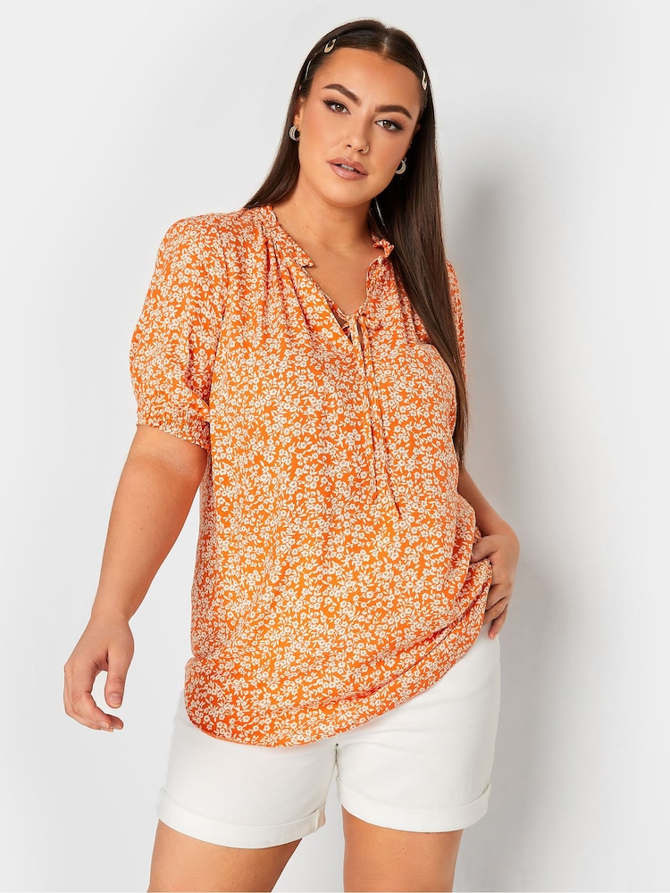 Yours Curve Orange Floral Print Tie Neck Blouse - Image 1 of 4