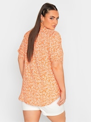 Yours Curve Orange Floral Print Tie Neck Blouse - Image 3 of 4