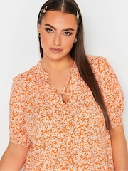 Yours Curve Orange Floral Print Tie Neck Blouse - Image 4 of 4