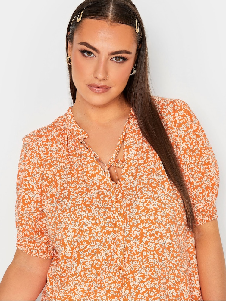 Yours Curve Orange Floral Print Tie Neck Blouse - Image 4 of 4