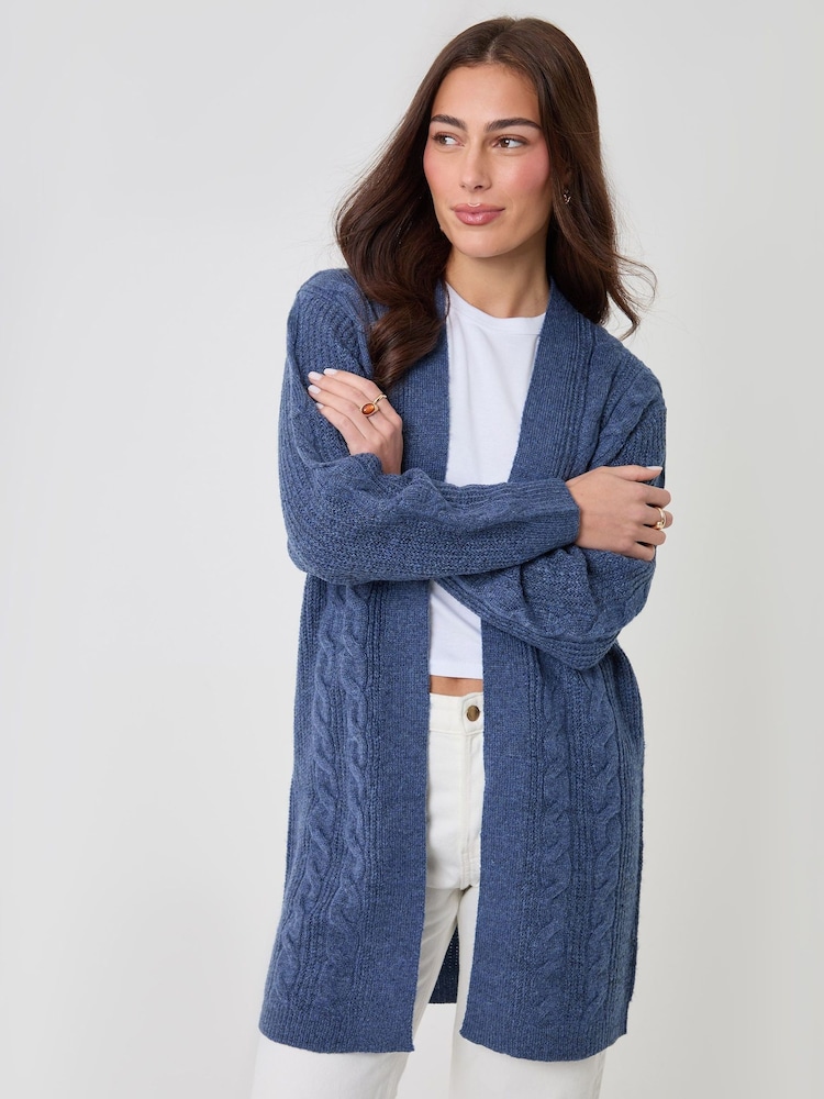 Threadbare Mid Blue Cable Knit Cardigan - Image 1 of 5 Threadbare Mid Blue Cable Knit Cardigan - Image 1 of 5