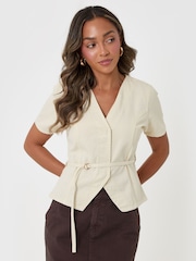 Threadbare Cream Denim Belted Short Sleeve Top - Image 1 of 4