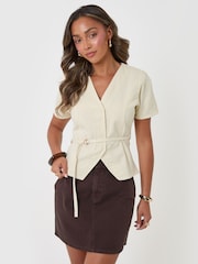 Threadbare Cream Denim Belted Short Sleeve Top - Image 3 of 4