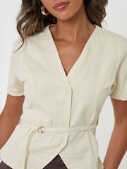 Threadbare Cream Denim Belted Short Sleeve Top - Image 4 of 4