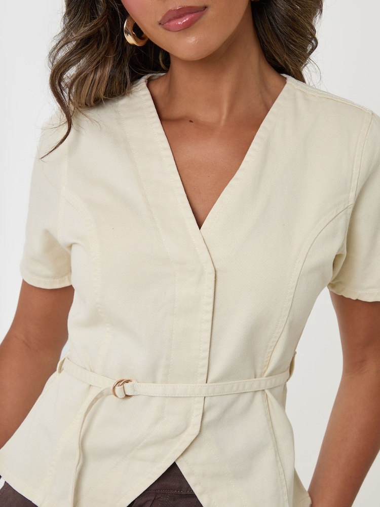 Threadbare Cream Denim Belted Short Sleeve Top - Image 4 of 4