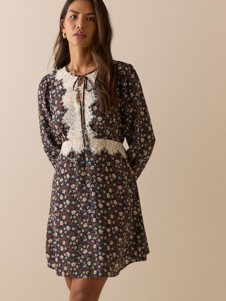Nobodys Child Blue Navy Ditsy Floral Lace Trim Priscilla Mini Dress - Image 2 of 5