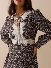 Nobodys Child Blue Navy Ditsy Floral Lace Trim Priscilla Mini Dress - Image 4 of 5