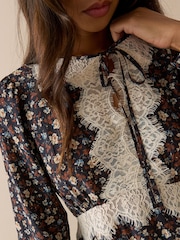 Nobodys Child Blue Navy Ditsy Floral Lace Trim Priscilla Mini Dress - Image 5 of 5