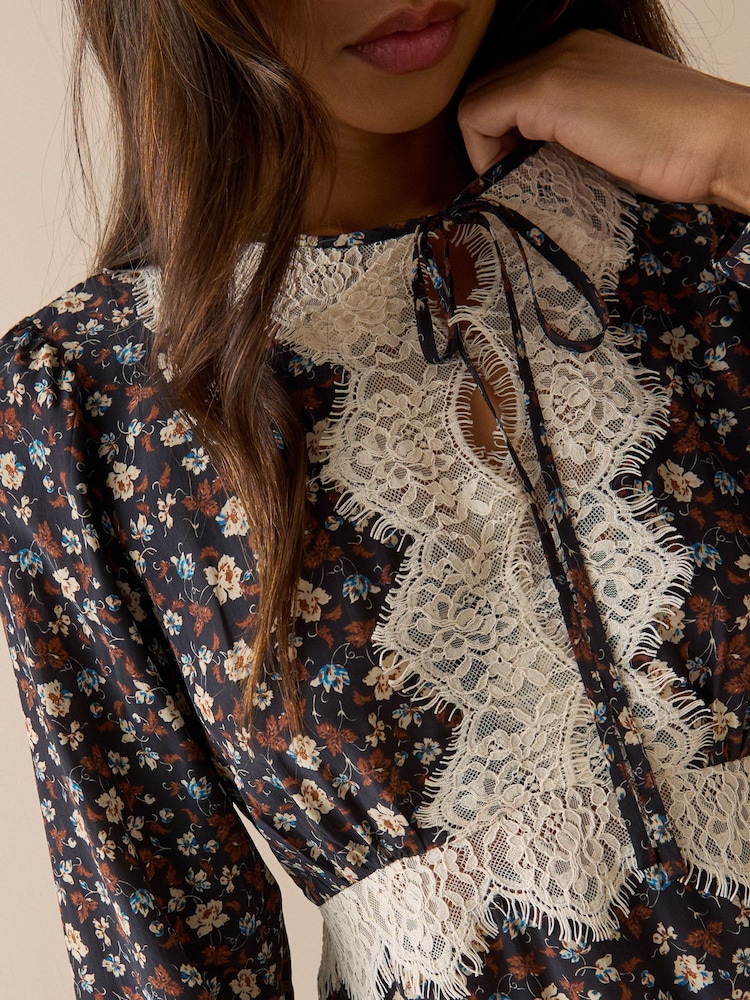 Nobodys Child Blue Navy Ditsy Floral Lace Trim Priscilla Mini Dress - Image 5 of 5