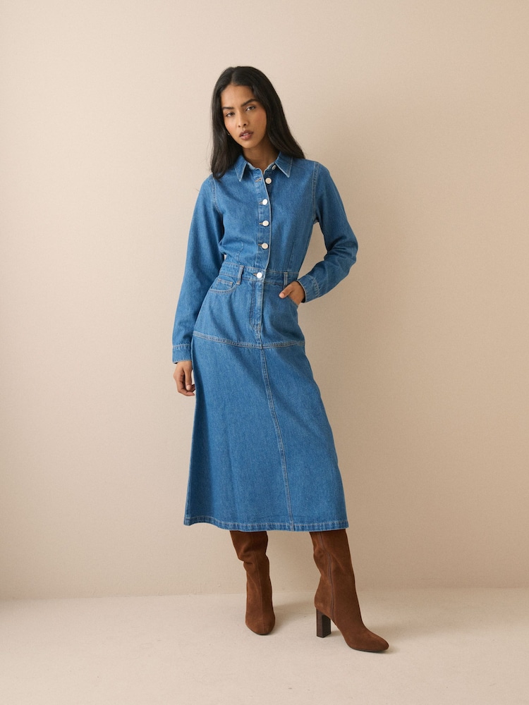 Nobodys Child Blue Mid Wash Denim Midi Shirt Dress - Image 1 of 5 Nobodys Child Blue Mid Wash Denim Midi Shirt Dress - Image 1 of 5
