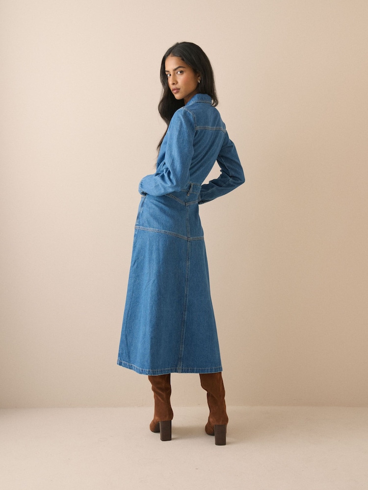 Nobodys Child Blue Mid Wash Denim Midi Shirt Dress - Image 2 of 5 Nobodys Child Blue Mid Wash Denim Midi Shirt Dress - Image 2 of 5