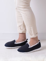 Totes Navy Isotoner Ladies Iso-Flex Waffle Full Back Slippers - Image 1 of 5