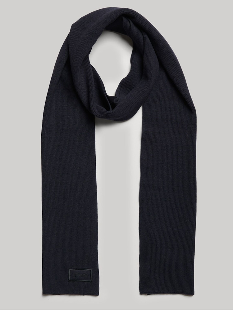 Superdry Blue Knitted Logo Scarf - Image 2 of 3 Superdry Blue Knitted Logo Scarf - Image 2 of 3