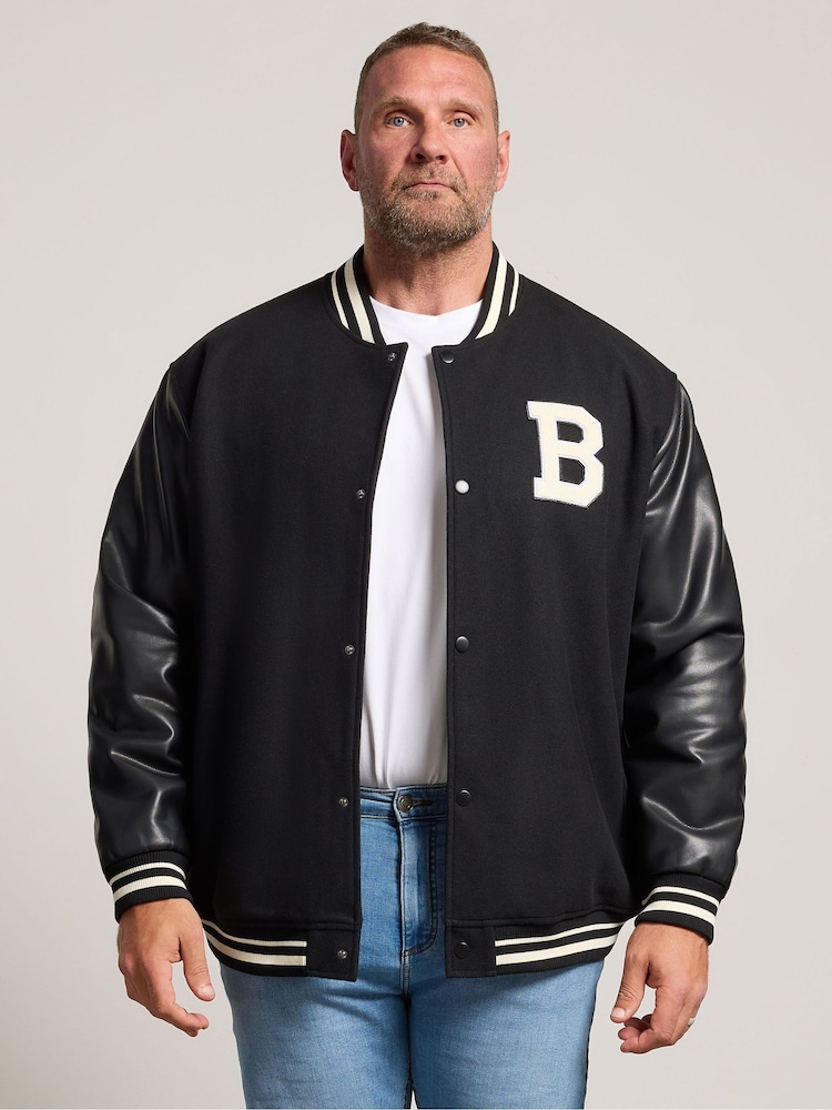 BadRhino Big & Tall Black Button Varsity Jacket - Image 1 of 4 BadRhino Big & Tall Black Button Varsity Jacket - Image 1 of 4
