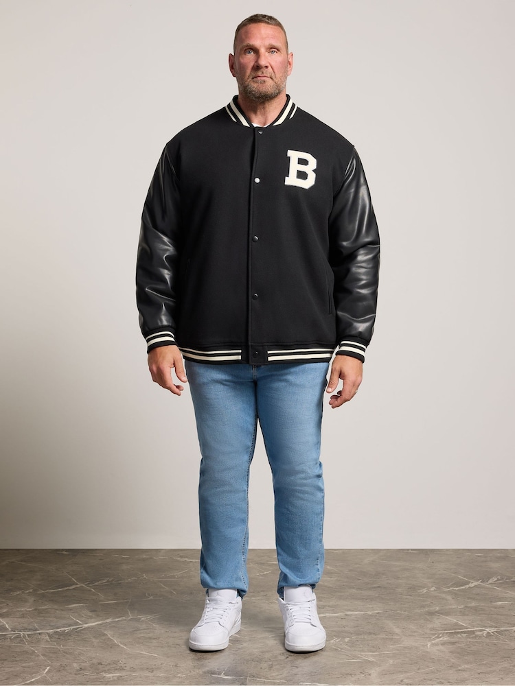 BadRhino Big & Tall Black Button Varsity Jacket - Image 2 of 4 BadRhino Big & Tall Black Button Varsity Jacket - Image 2 of 4