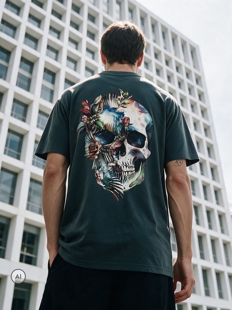 Religion Grey Bird Wings Skull Cotton T-Shirt - Image 1 of 5 Religion Grey Bird Wings Skull Cotton T-Shirt - Image 1 of 5