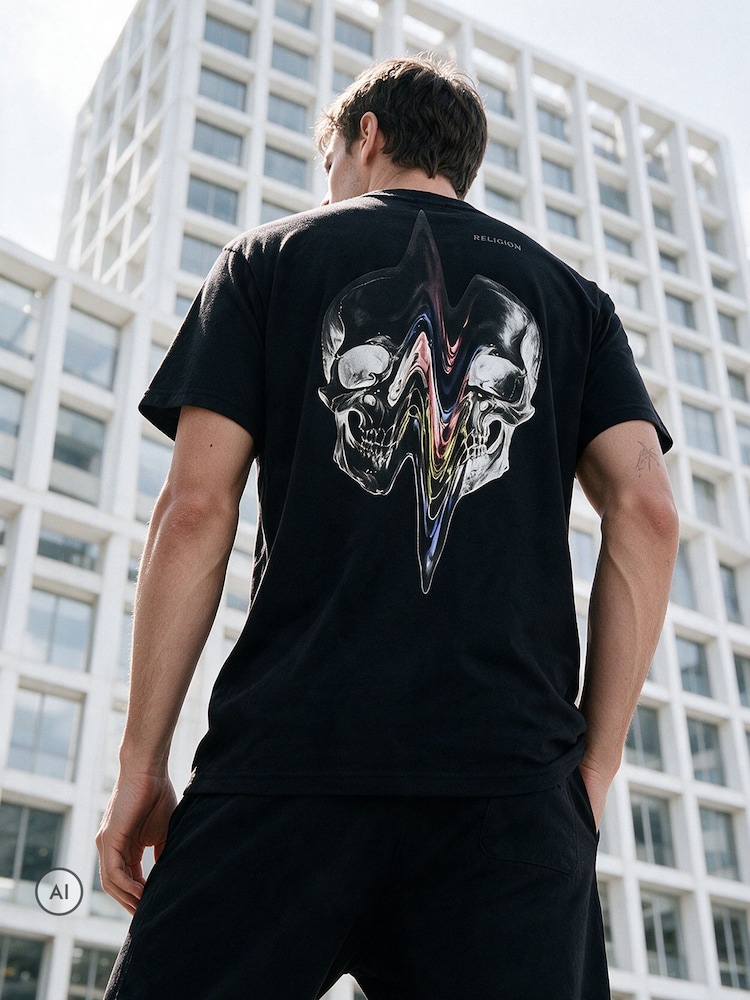 Religion Black Distorted Skull T-Shirt - Image 1 of 5
