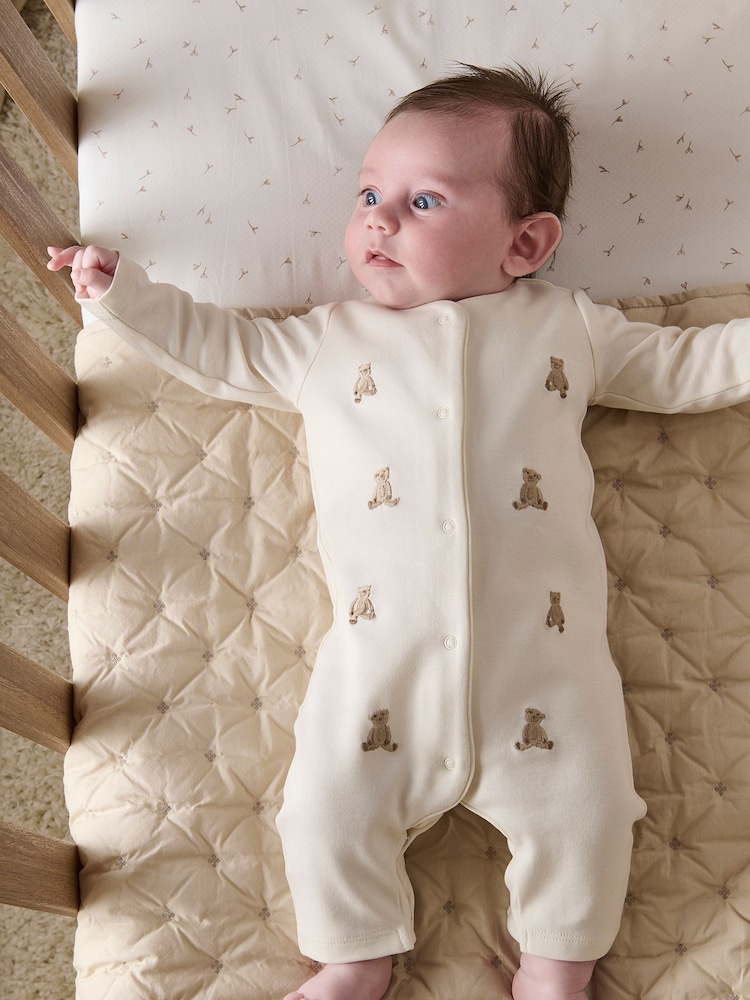 Mamas & Papas Cream Embroidered Teddy Bear 100% Cotton Romper - Image 1 of 3