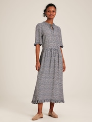 Joules Layla Blue Frill Hem Floral Midi Dress - Image 1 of 7