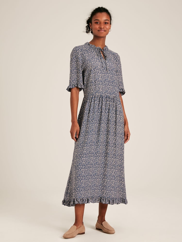 Joules Layla Blue Frill Hem Floral Midi Dress - Image 1 of 7