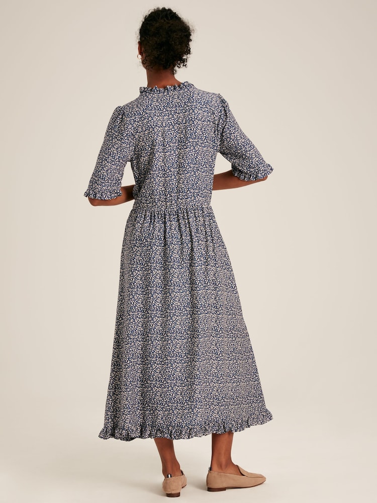 Joules Layla Blue Frill Hem Floral Midi Dress - Image 2 of 7