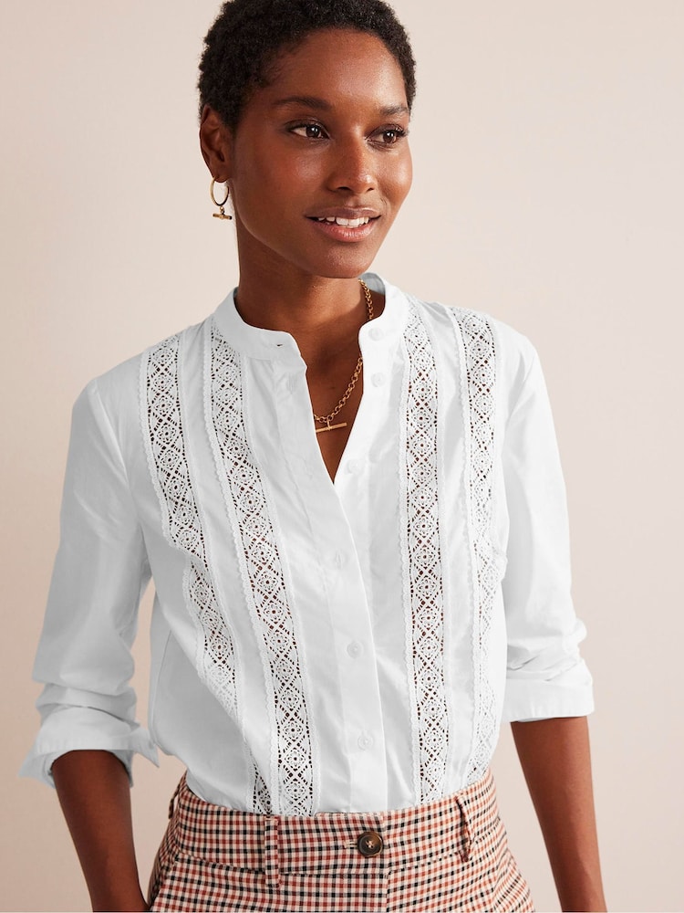 Boden White Lace-Panelled Poplin 100% Cotton Shirt - Image 1 of 5