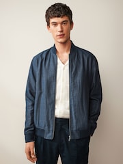 Blue Nova Fides Italian Linen Blend Herringbone Bomber Jacket - Image 1 of 12