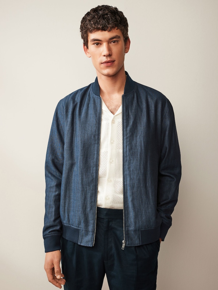 Blue Nova Fides Italian Linen Blend Herringbone Bomber Jacket - Image 1 of 12