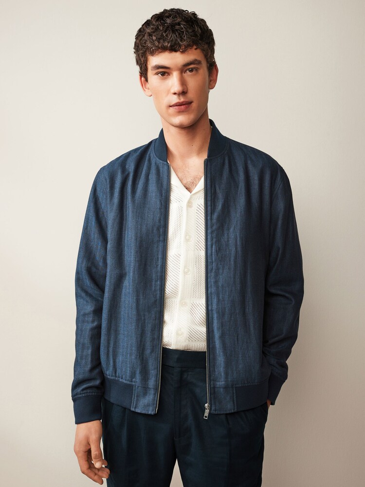 Blue Nova Fides Italian Linen Blend Herringbone Bomber Jacket - Image 1 of 12 Blue Nova Fides Italian Linen Blend Herringbone Bomber Jacket - Image 1 of 12