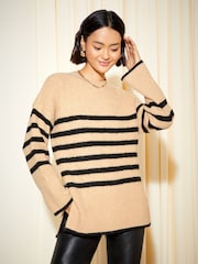 Friends Like These Camel Petite Stripe Split Hem Relaxed Jumper - Image 1 of 4