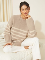 Pilzbraun - Friends Like These Gestreifter Pullover mit gespaltenem Saum - Bild 4 von 4
