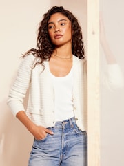 Friends Like These Ivory White Textured V Neck Knitted Cardigan - Image 1 of 4