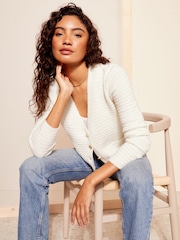 Friends Like These Ivory White Textured V Neck Knitted Cardigan - Image 3 of 4