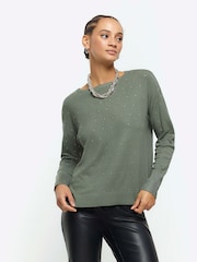 River Island Green Diamante Sweat Top - Image 1 of 1