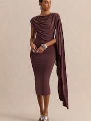 Club L London Brown Kamoria | Round-Neck Midi Dress With Cape-Sleeve - Image 1 of 6