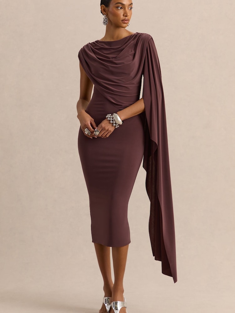 Club L London Brown Kamoria | Round-Neck Midi Dress With Cape-Sleeve - Image 1 of 6 Club L London Brown Kamoria | Round-Neck Midi Dress With Cape-Sleeve - Image 1 of 6