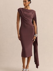 Club L London Brown Kamoria | Round-Neck Midi Dress With Cape-Sleeve - Image 2 of 6
