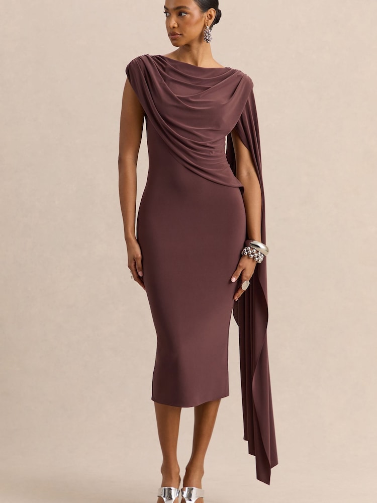 Club L London Brown Kamoria | Round-Neck Midi Dress With Cape-Sleeve - Image 2 of 6 Club L London Brown Kamoria | Round-Neck Midi Dress With Cape-Sleeve - Image 2 of 6