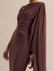 Club L London Brown Kamoria | Round-Neck Midi Dress With Cape-Sleeve - Image 3 of 6