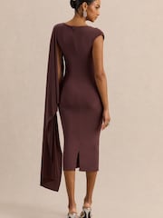 Club L London Brown Kamoria | Round-Neck Midi Dress With Cape-Sleeve - Image 4 of 6
