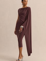 Club L London Brown Kamoria | Round-Neck Midi Dress With Cape-Sleeve - Image 5 of 6