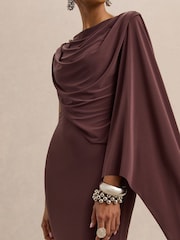 Club L London Brown Kamoria | Round-Neck Midi Dress With Cape-Sleeve - Image 6 of 6