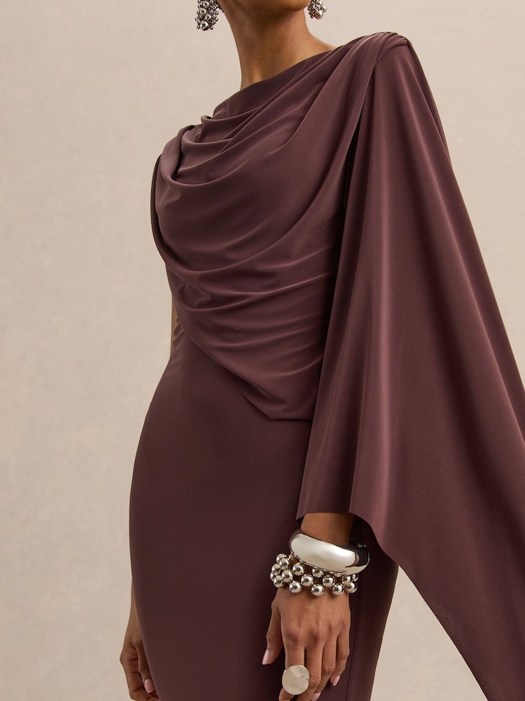 Club L London Brown Kamoria | Round-Neck Midi Dress With Cape-Sleeve - Image 6 of 6 Club L London Brown Kamoria | Round-Neck Midi Dress With Cape-Sleeve - Image 6 of 6
