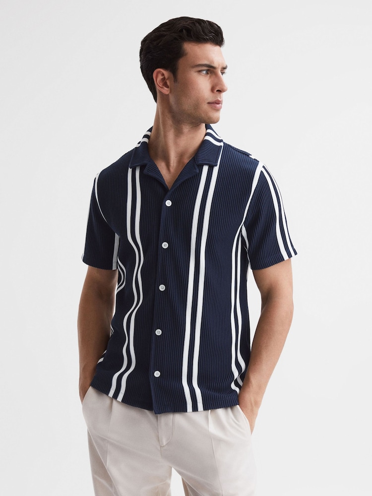 Reiss Navy/White Castle Ribbed Striped Cuban Collar Shirt - Image 1 of 5