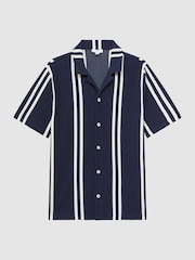 Reiss Navy/White Castle Ribbed Striped Cuban Collar Shirt - Image 2 of 5